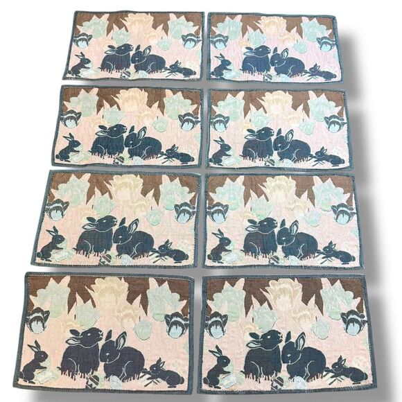VTG Handmade Tapestry Spring Easter Bunny Rabbit Table Placemats Set Of 8 - Picture 3 of 11